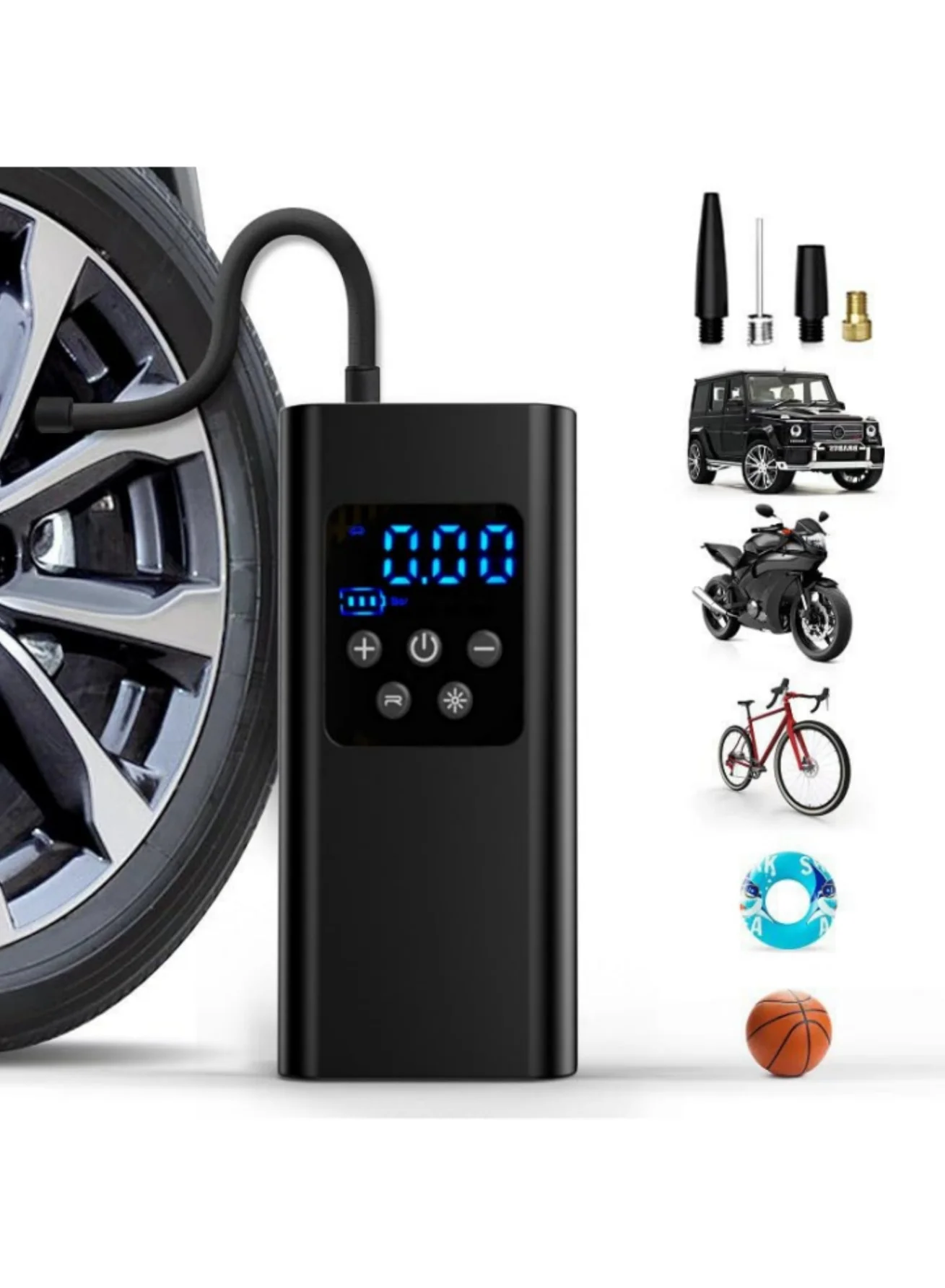 BS Portable Wireless Air Compressor Tire Inflator (150 PSI, 6000mAh Battery, Digital Display, 4 Nozzles) for Cars, Motorcycles, and Bicycles ogmrm