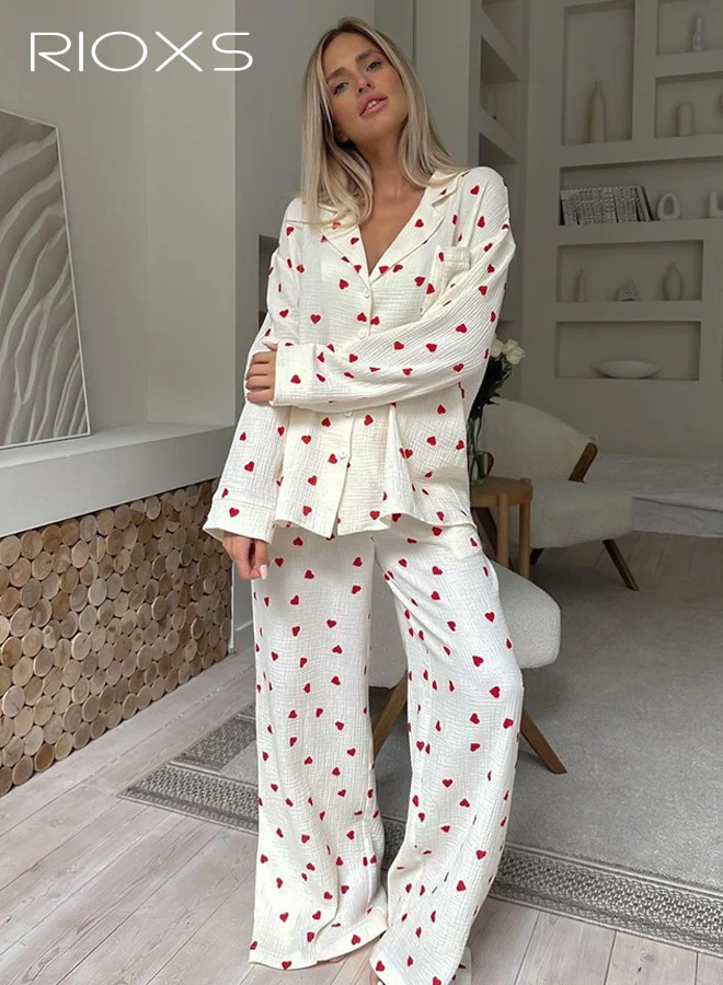 RIOXS Womens Pajamas Set Long Sleeve Button Down Shirt and Elastic Waistband Pants (Red Heart Pattern, One Size) wu0pt
