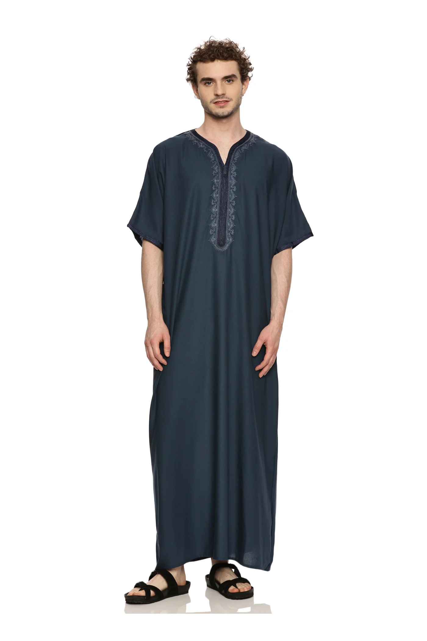 Al Othaiman Moroccan Thobe Embroidered Half Sleeve Kaftan Round Neck Jalabiya For Men (Premium Cotton, White) exsj7