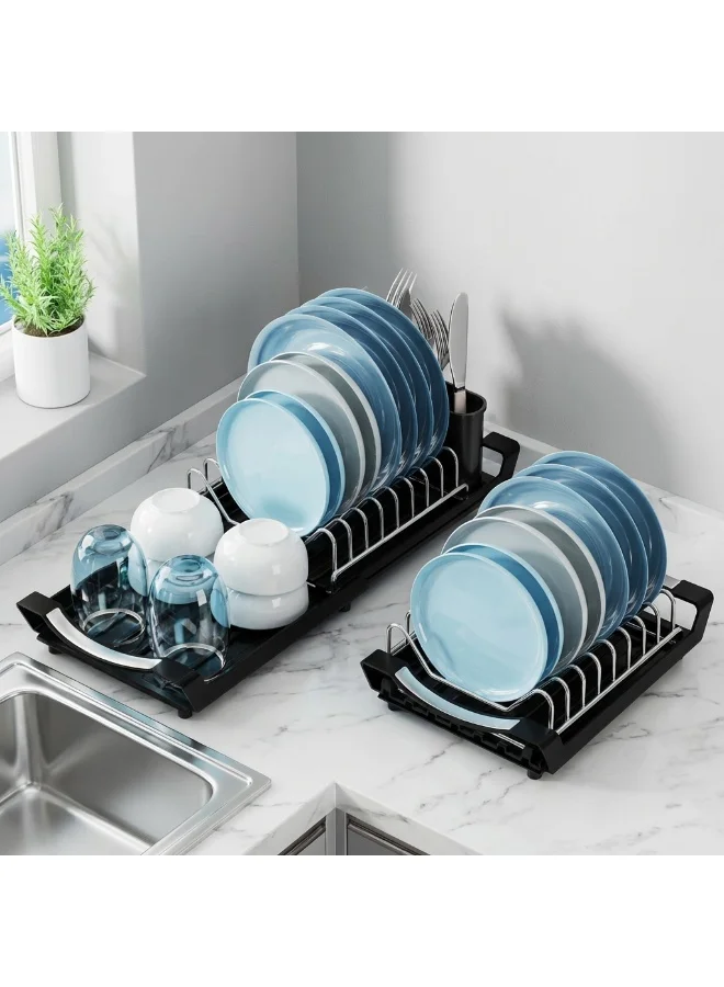 YASMINARA Expandable Dish Drying Rack Stainless Steel Kitchen Organizer with Utensil Holder and Drainage Tray (30 cm to 50 cm) rh7p4