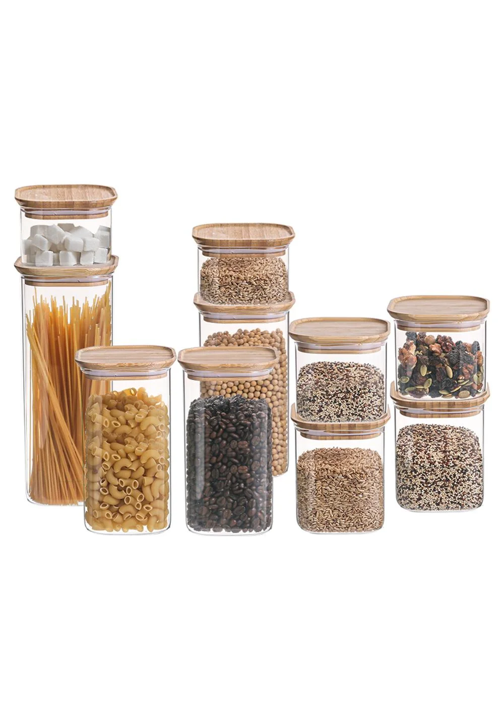 Noon East Square Glass Storage Jars with Bamboo Lids (Set of 10, Stackable Kitchen Food Containers) od7hf