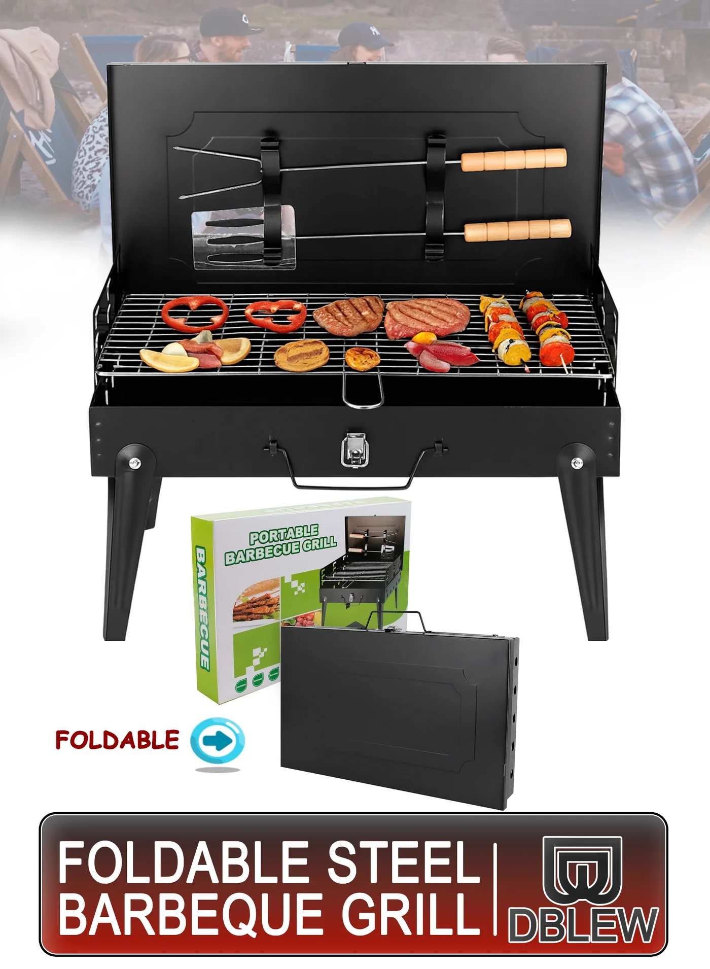 DBLEW Portable Charcoal Grill with Lid, Adjustable Height Folding BBQ for Camping and Outdoor Picnics (Black, 45 cm) t0wqa