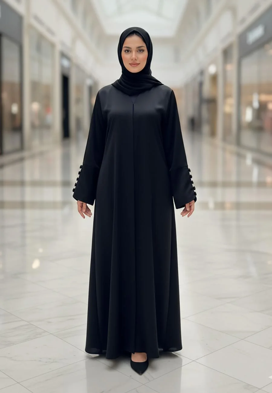 NUKHBAA Modern Cuff Black Abaya with Button Detail Premium Nida Fabric (One Size) jy886