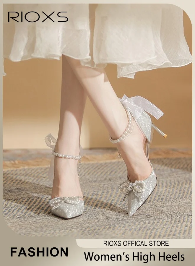 RIOXS Rhinestone Stiletto Pumps Pointed Toe Slingback Heels for Women (Silver, 38 EU) 44tsw