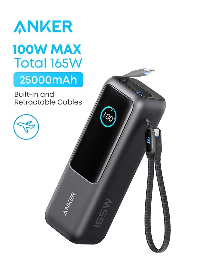 High-Speed 25000mAh Portable Power Bank 165W Ultra-Fast Charger with Retractable Cables for Laptops (Black, 25000mAh) 73dxm