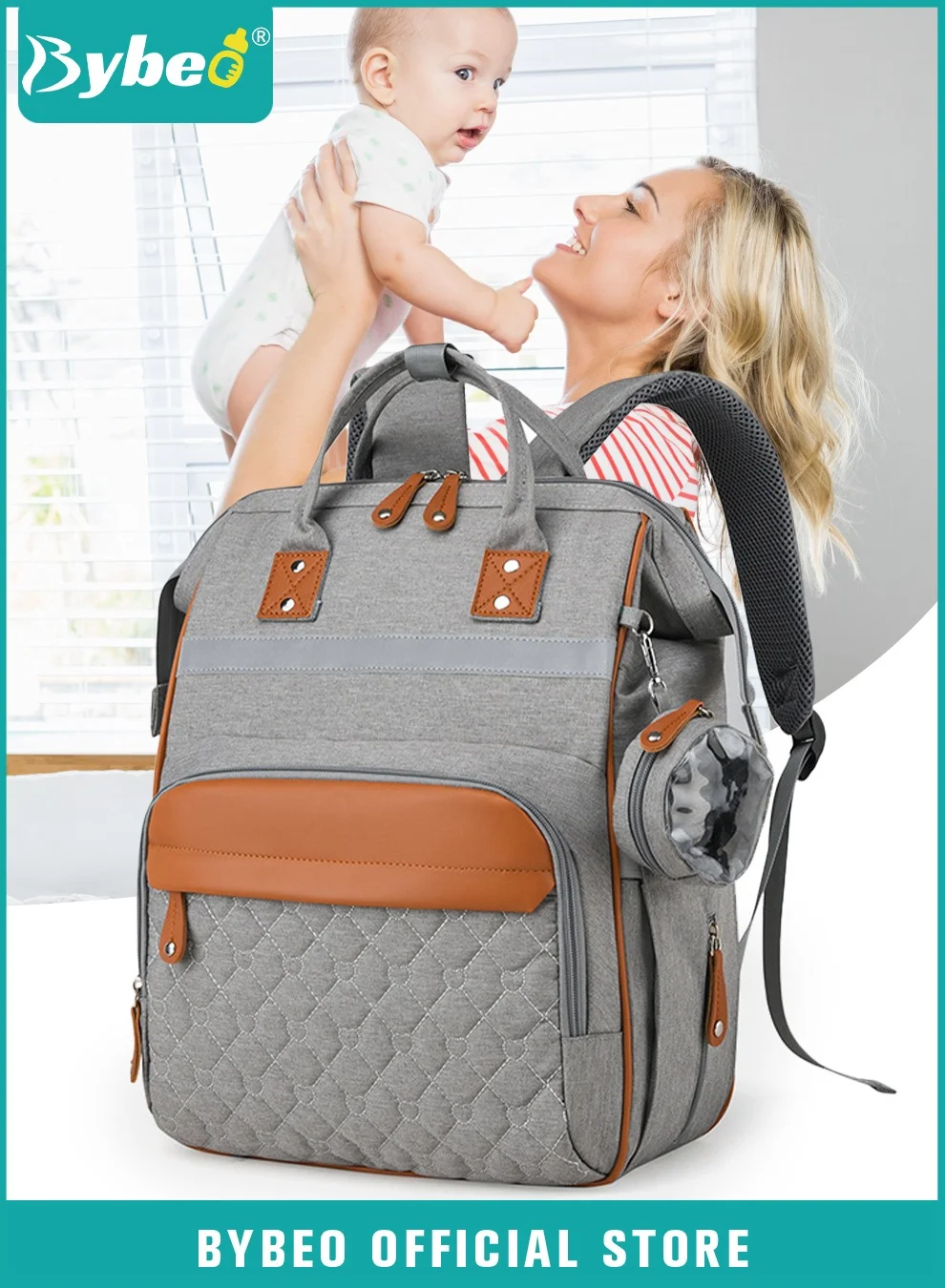 Bybeo Diaper Bag Backpack Large Capacity Waterproof Maternity Travel Nappy Bag (Grey, 40cm x 30cm x 20cm) si9nl