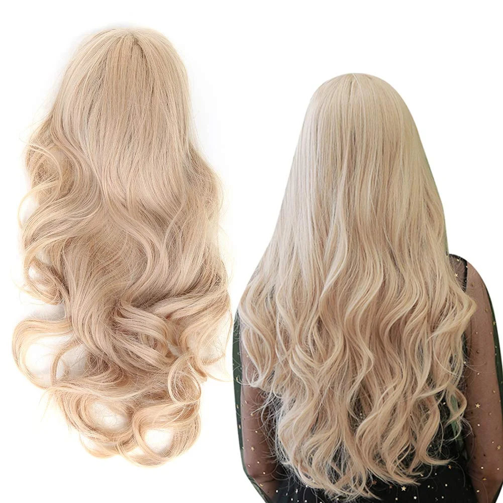 Woobles Long Curly Wig with Bangs Heat Resistant Synthetic Hair for Cosplay and Party (Gold, 71cm) yk5tq