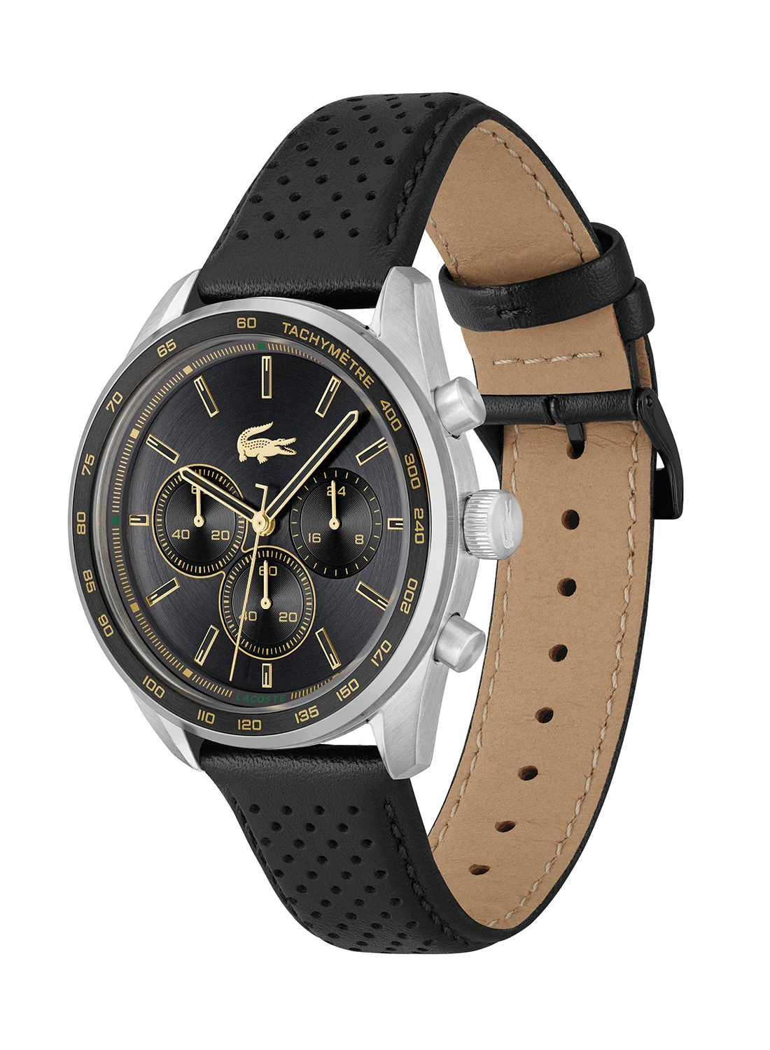 Premium Round Chronograph Men's Watch with Black Case and Leather Strap (One Size) x41q3