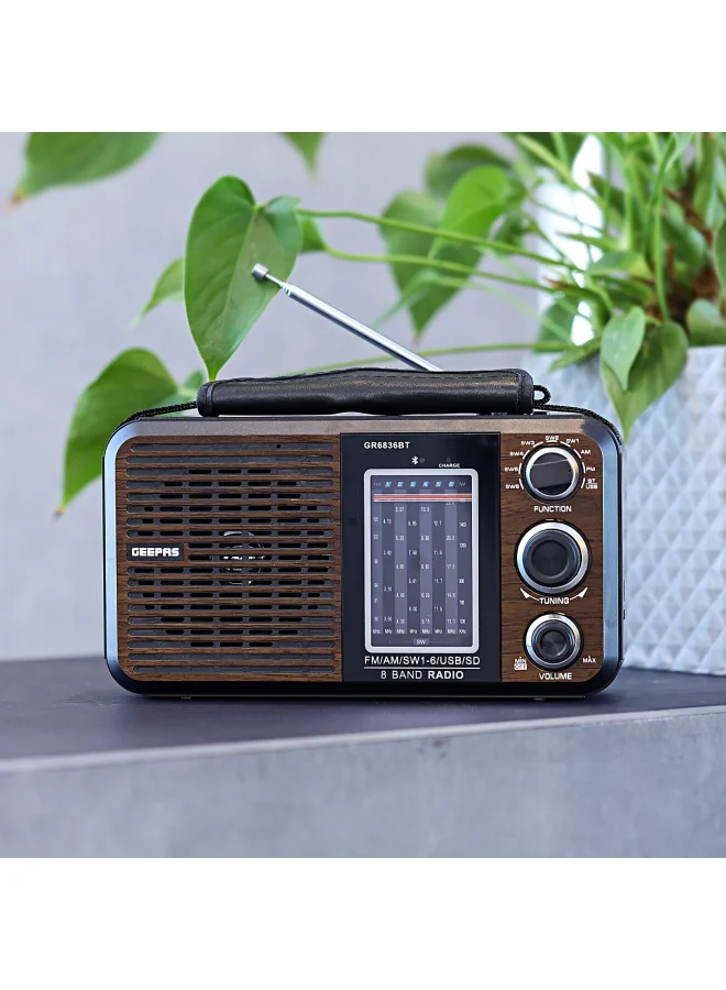 GEEPAS Retro Style Rechargeable FM Radio Multi-Band Portable Speaker (Brown, 1 Unit) bqz1y