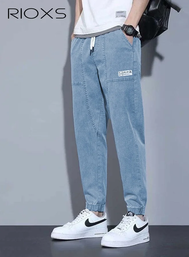 RIOXS Mens Tapered Denim Pants Loose Fit Elastic Waist Drawstring Trousers (Blue, Large) j2y0u