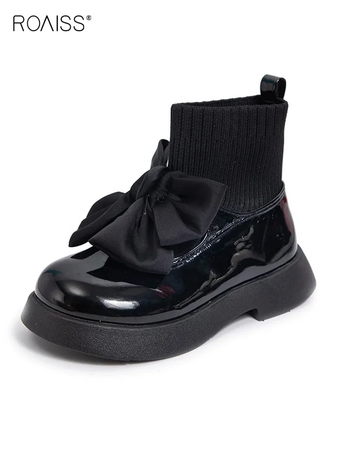 Roaiss Girls Stylish Ankle Boots with Big Bowknot, Slip-on Casual Footwear with Wear-resistant Outsole (Black, 20 cm) xytpf