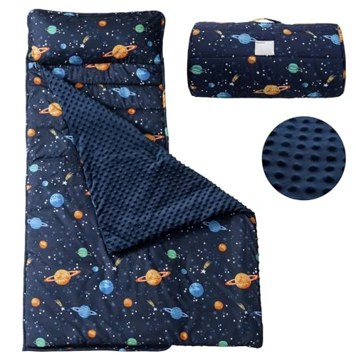 PHF Toddler Nap Mat with Removable Pillow and Minky Blanket Rollup Design for Daycare Preschool Travel (140x58 cm) rvid7