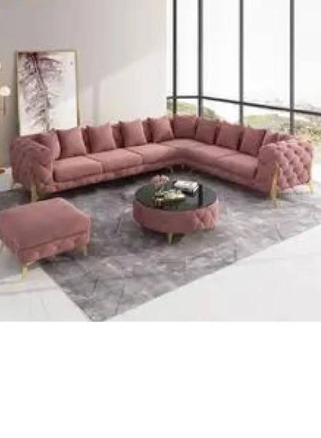 Maharat Al Bahar L-Shape Chesterfield Sofa Set 6 Seater with Golden Legs (Pink) 2g9z9