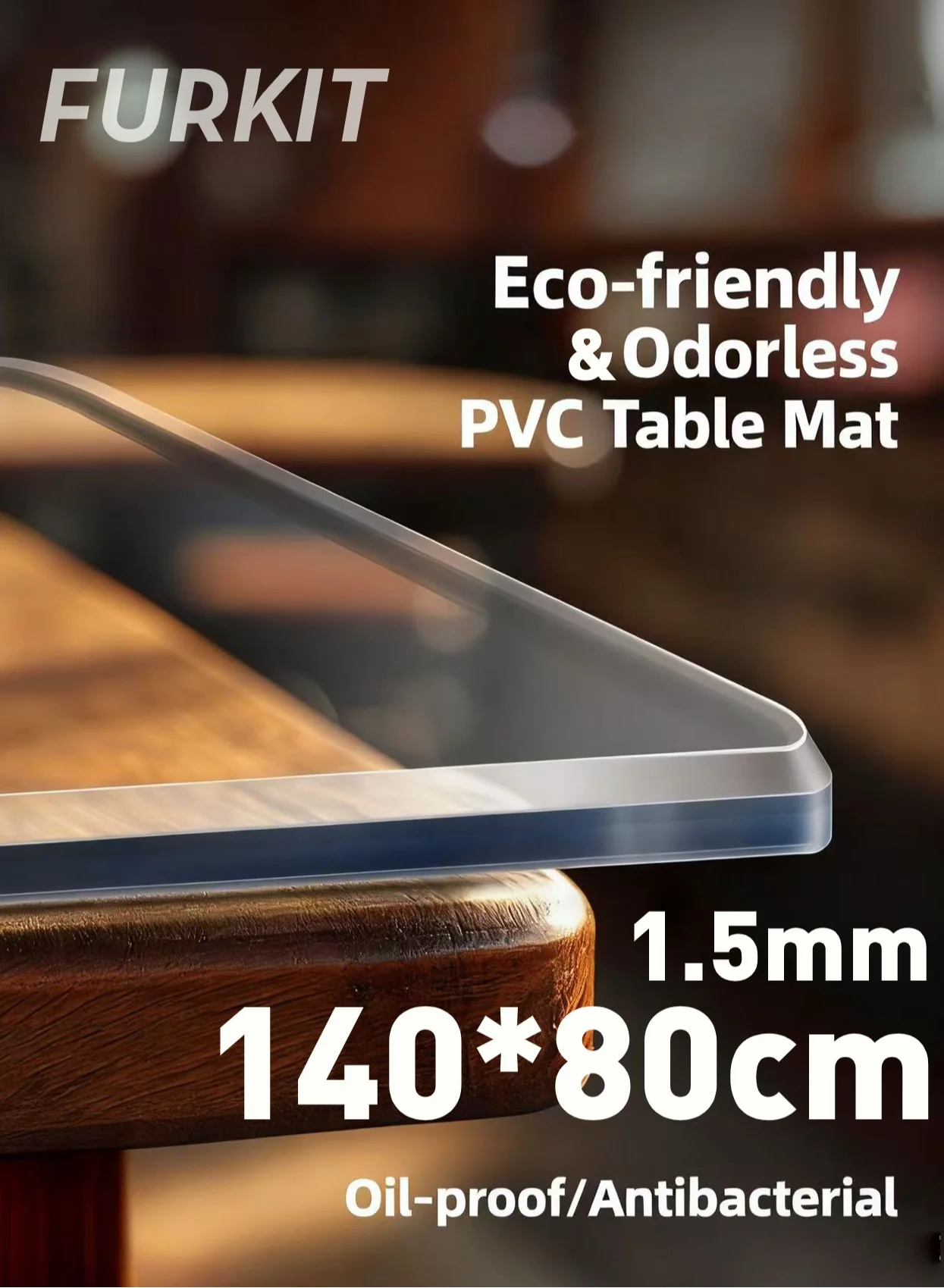 FURKIT Clear PVC Tablecloth (1.5mm Thick, 140x80cm) Waterproof Rectangular Desk Protector Mat for Dining and Office 6txjb