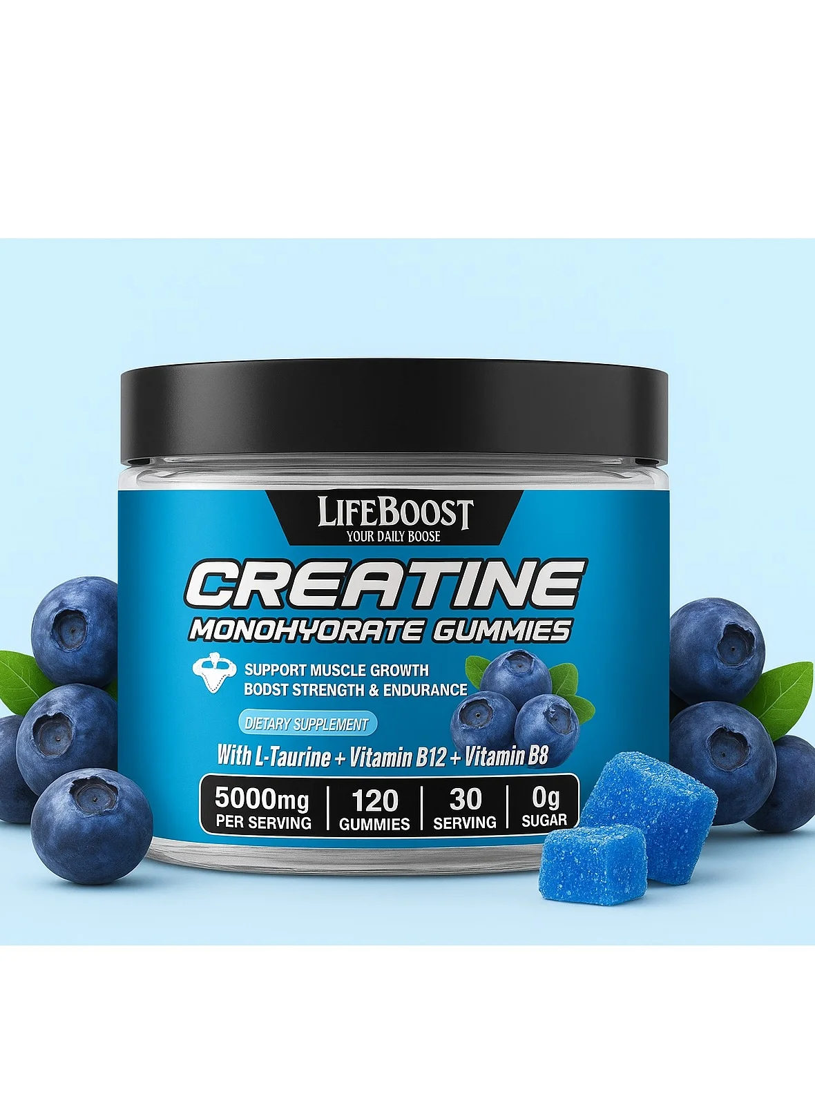LIFEBOOST Creatine Monohydrate Gummies Premium Muscle Support Supplement for Men and Women (Blueberry Flavor, 120 Count) 3bc1u