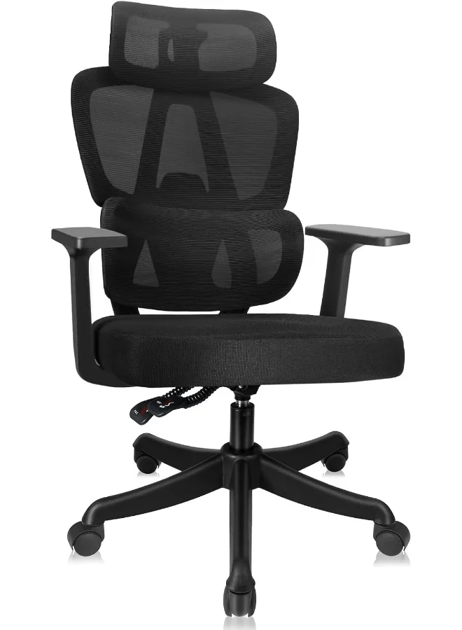 SKY-TOUCH Ergonomic Swivel Office Chair with Lumbar Support, Adjustable 3D Armrests and Headrest, Breathable Mesh Back, Thick Cushion (Black) zc6re