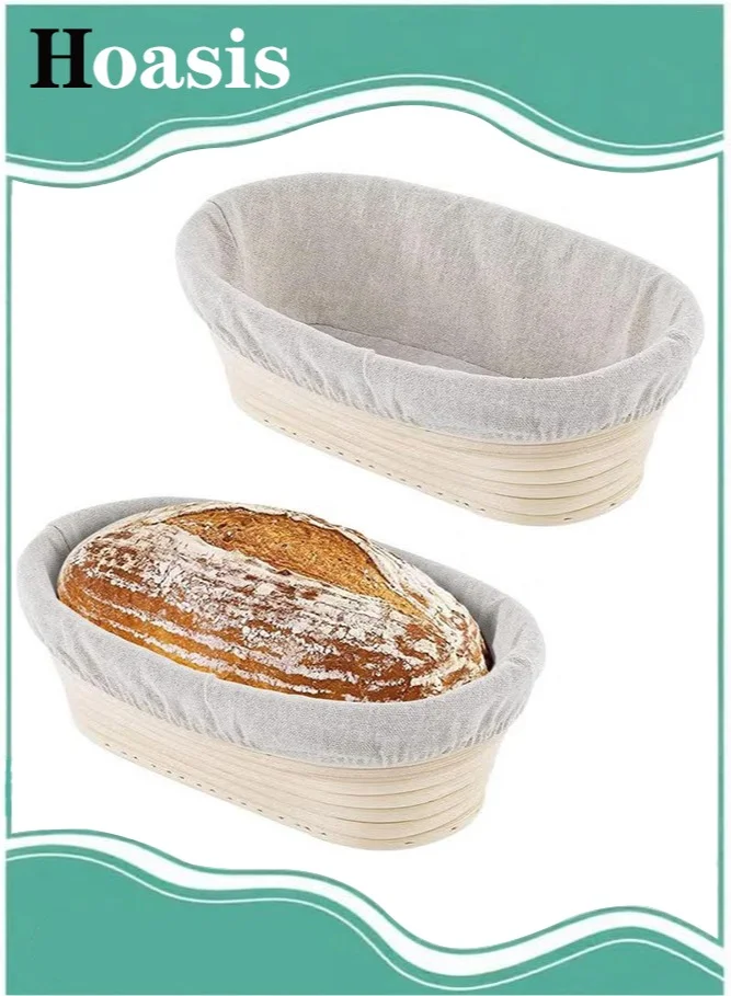 Hoasis Sourdough Bread Proofing Basket Set with Cloth Liner, Oval Natural Rattan Dough Bowl for Home Baking (2 Pack, 25 cm) m0ptz