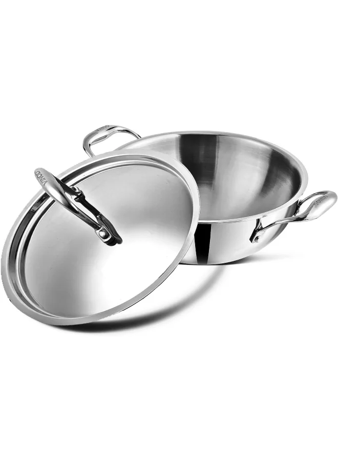VINOD Platinum Triply Stainless Steel Extra Deep Kadai with Lid (Silver, 3.2 L, 24 cm) - Premium Induction Compatible Cookware for Healthy Cooking 273bb