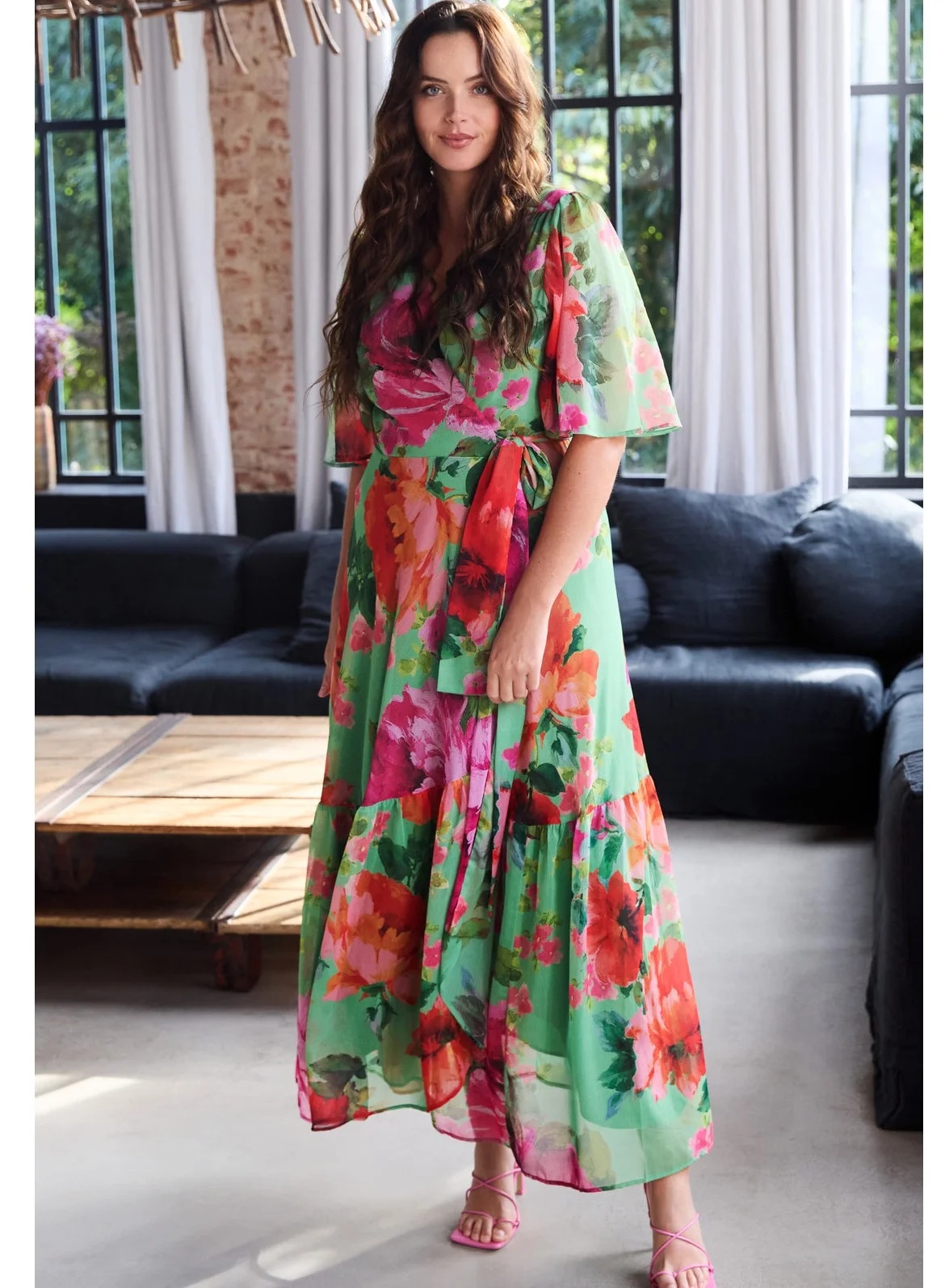 Hope & Ivy Samantha Flutter Sleeve Maxi Wrap Dress with Tie Waist (Women's, Floral Print) fpfzh