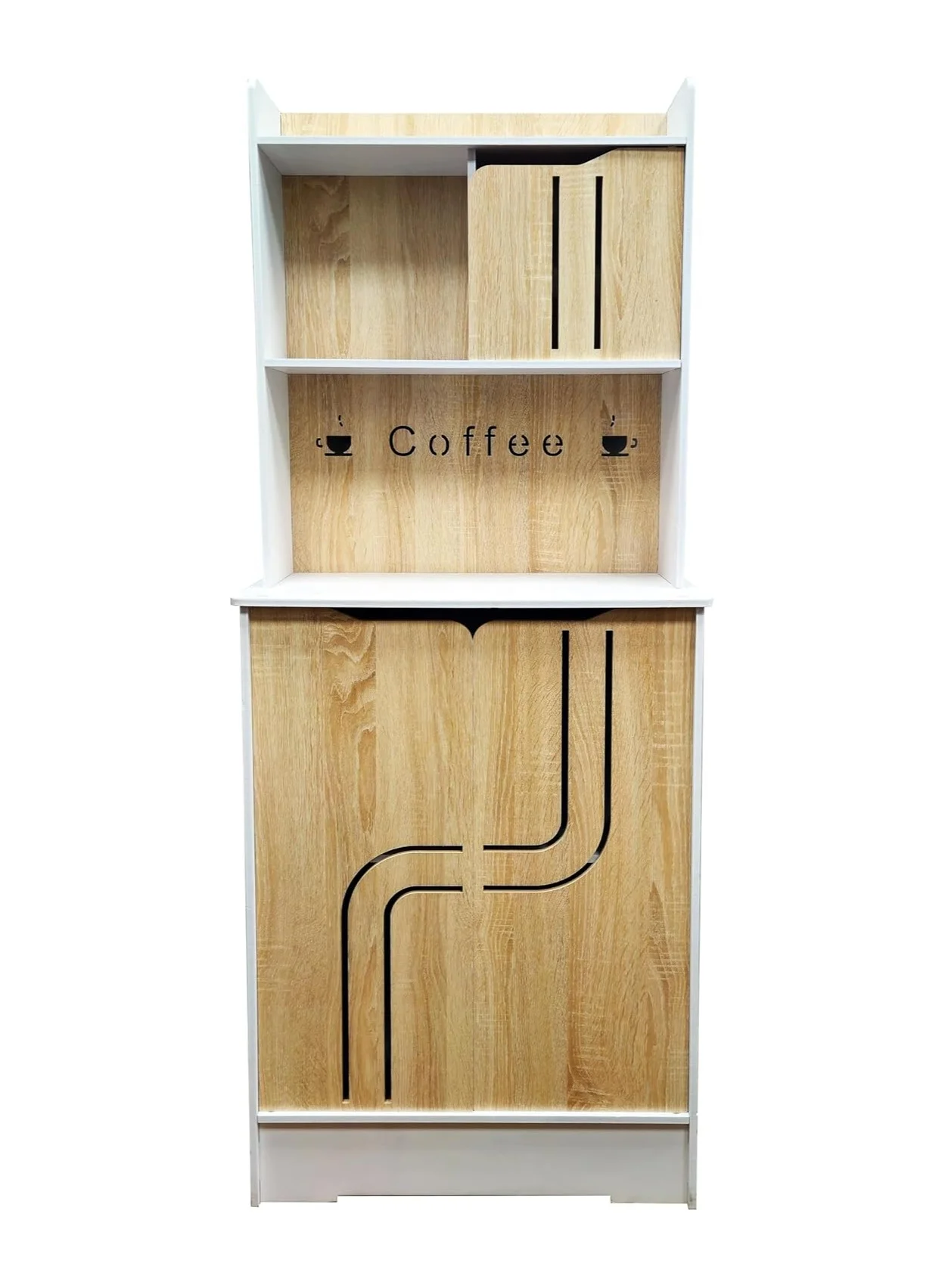 TPGP Coffee Bar Station with Cabinet Storage Premium Foam Plastic Stand for Living Room and Kitchen (White and Wooden, 58x27x150 cm) 8tpqt