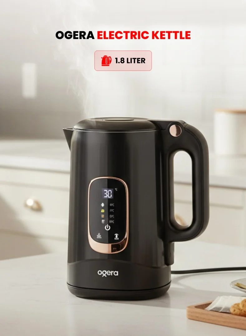 Ogera Electric Kettle with Digital Temperature Display (1.8L, Stainless Steel) Fast Boil Touch Control f0hb0