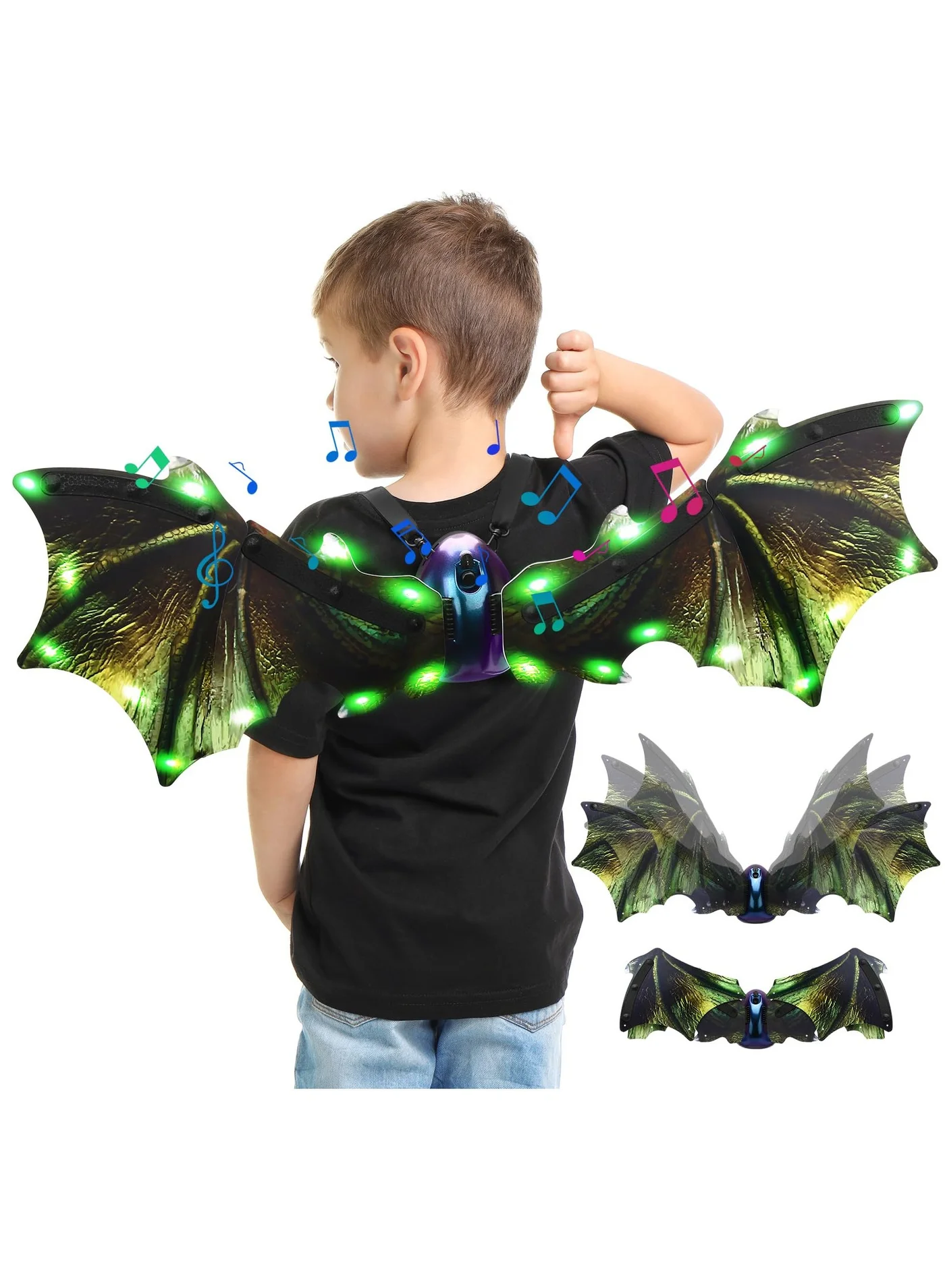 Excefore Electric Dragon Wings Costume for Kids, Moving LED Mechanical Dinosaur Wings with Lights and Music (Green, One Size) ukf1p