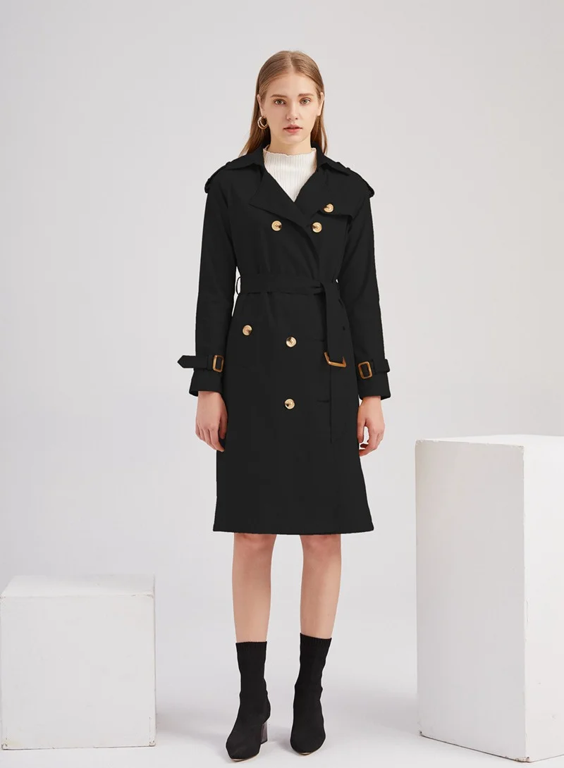 Joychic Women's Double Breasted Long Trench Coat Classic Lapel Slimming Fit with Adjustable Belt (Black, Medium) ezr99