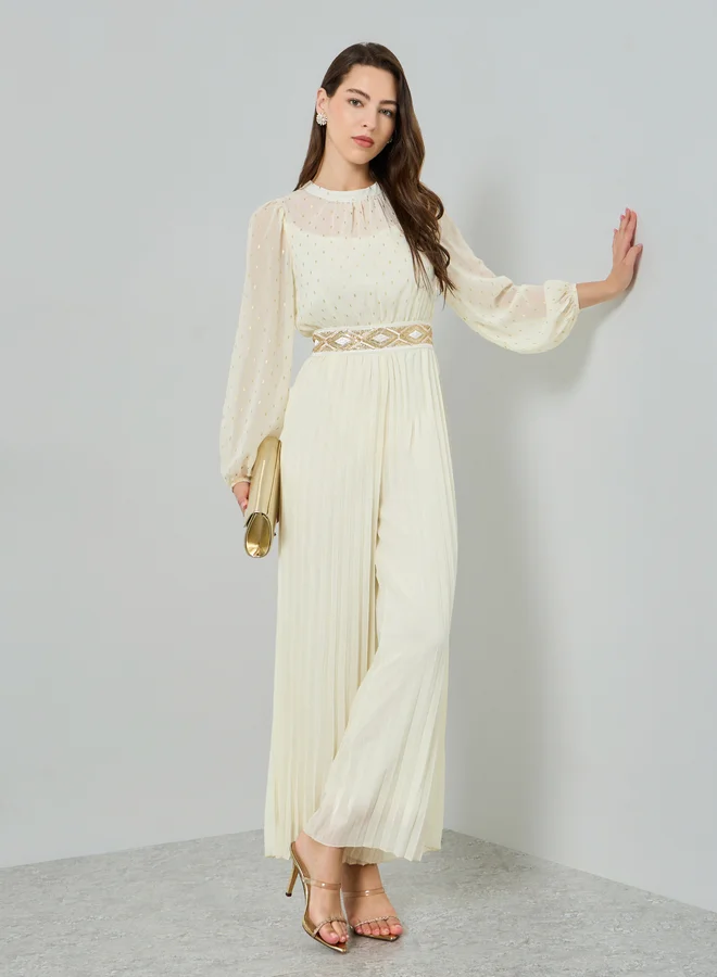 Styli Wide Leg Pleated Jumpsuit with Lurex Detail for Women (Cream, One Size) 4xfci