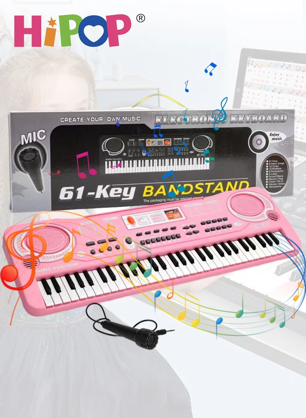 HIPOP 61-Key Beginner Electronic Piano Keyboard with Microphone (Pink, 1 Set) 0eyre