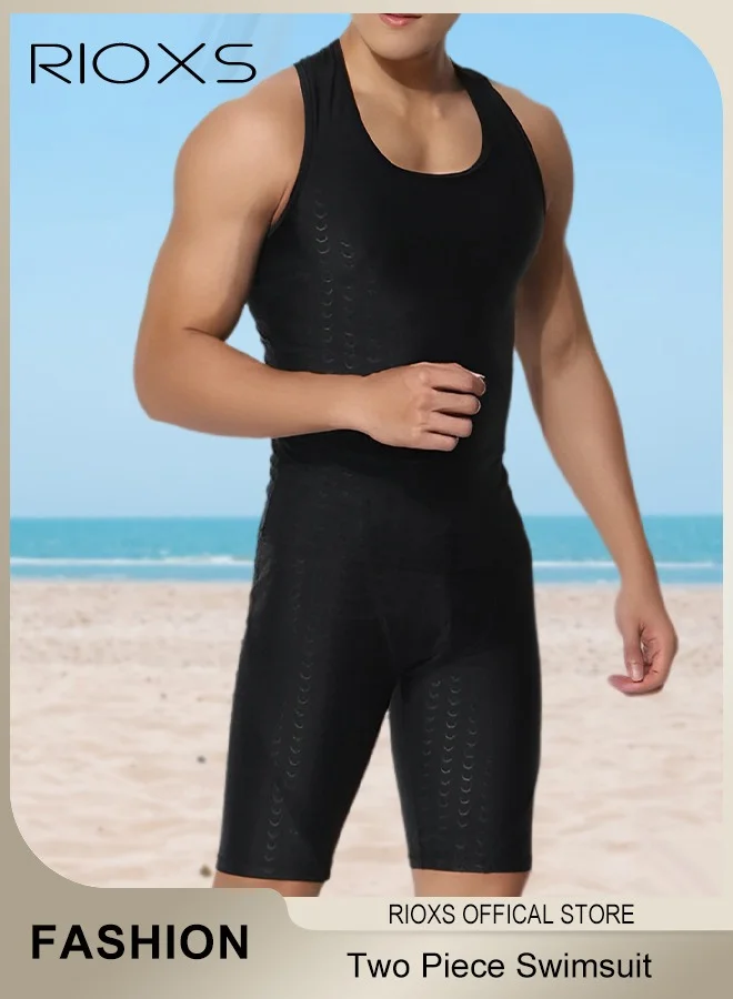 RIOXS Men's Two Piece Rash Guard Swimsuit Premium Sun Protection Sleeveless Swimwear Set (Black, Large) ov10u