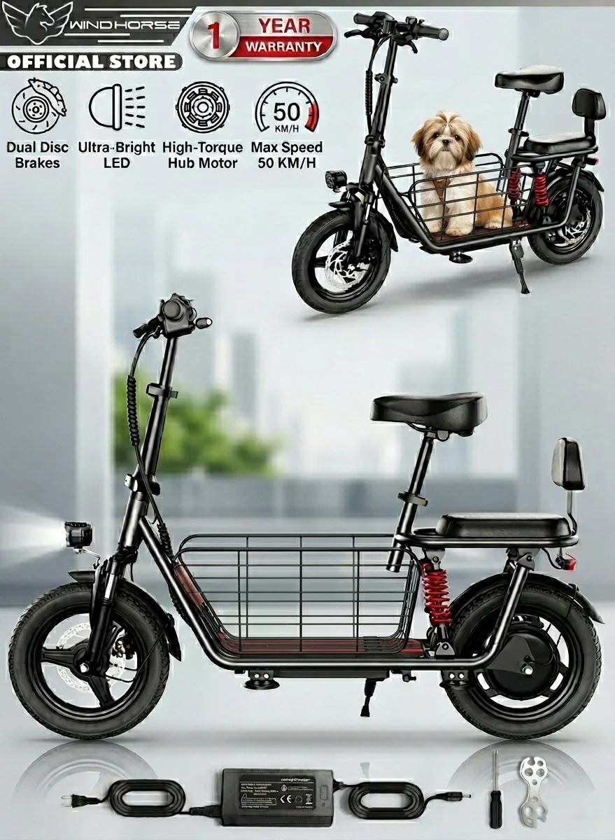Wind Horse Electric Bike 500W Motor with Dual Seat and Storage Basket (48V 10Ah Battery, 3-Speed, 13-inch Wheels) hrau4