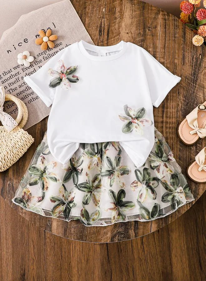 Take Two Girls Floral Top And Mesh Skirt Set (White, Kids) sja7r