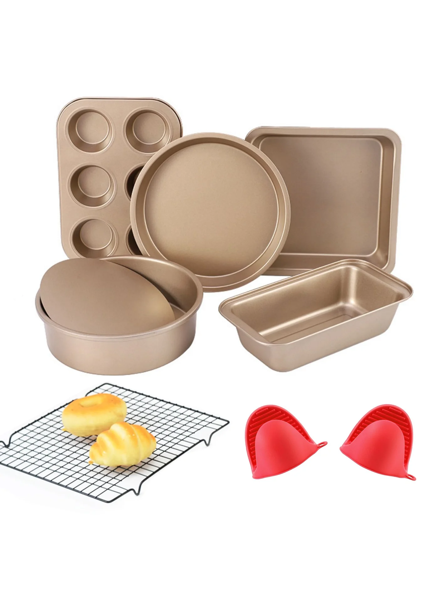 EYSOO Nonstick Bakeware Set 7-Piece Carbon Steel Baking Pans with Rack and Mitts (Golden, 7 PCS) t0xtx