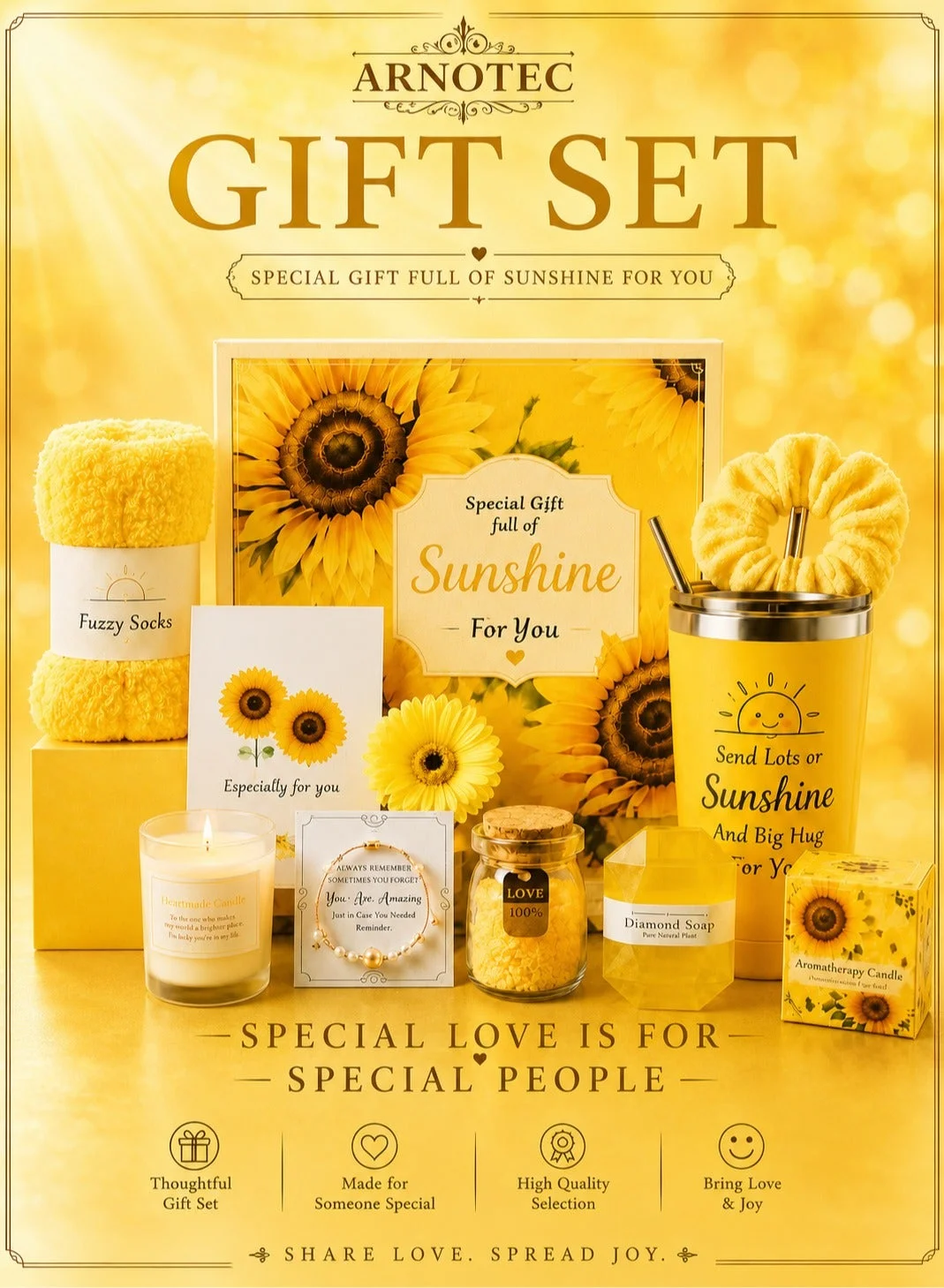 ARNOTEC Sunflower Spa Gift Set for Women, Premium Self-Care Relaxation Kit with Tumbler, Scented Candle, Bath Salts, Soap, Socks, and Bracelet (7-Piece Set) 6112j
