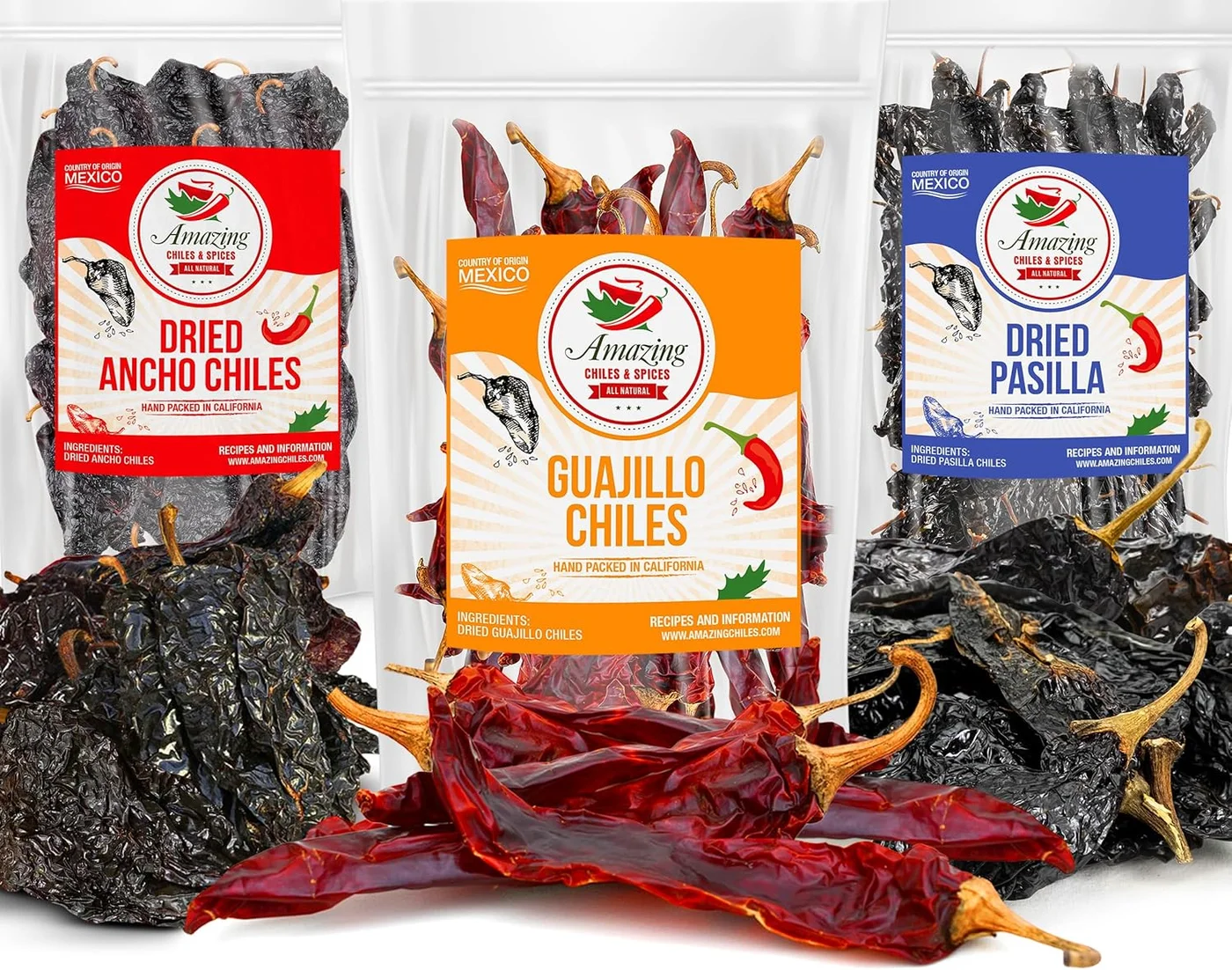 Premium Dried Chile Peppers Variety Pack - Ancho, Guajillo, and Pasilla Chiles for Authentic Cooking (340 g) yyst8