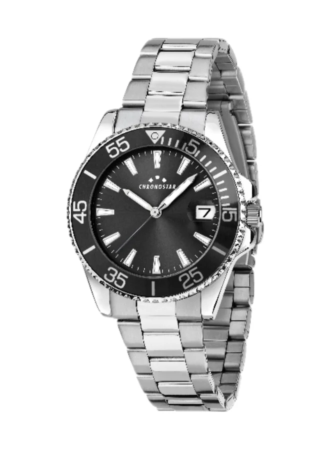 Chronostar Men's Analog Quartz Watch with Silver Stainless Steel Band (Black Dial, 37mm) 3b1k6