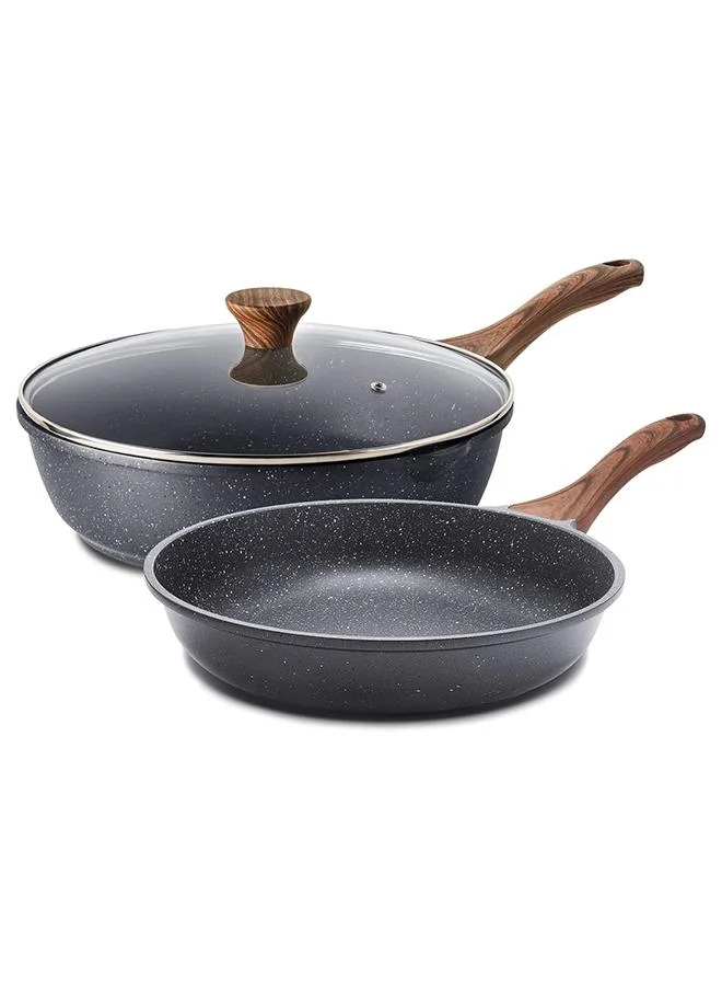 Sensarte Non-Stick Frying Pan Set with Granite Coating and Wooden Handle (20cm and 26cm with Lid) on98o