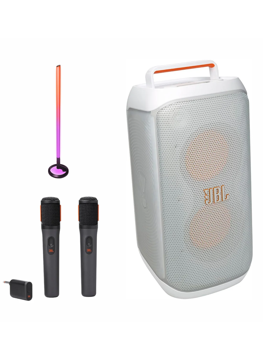 Premium Audio Wireless Party Speaker System with LED Light Stick and Dual Digital Microphones (White, 1 Set) e5x04