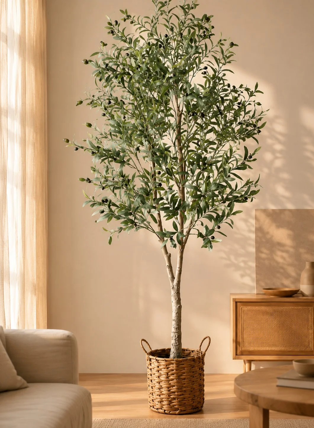 Zvezvia Artificial Olive Tree with Thick Trunk (Green, 150 cm) Premium Faux Silk Potted Plant for Indoor and Outdoor Home Office Decor 4qeey