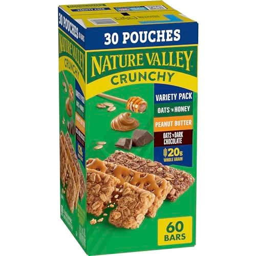 Crunchy Granola Bars Variety Pack Whole Grain Oats and Honey Peanut Butter and Dark Chocolate (60 Bars, 1267 g) 1veqf