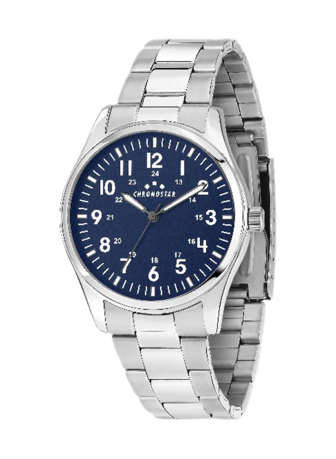 Chronostar Men's Analog Watch with Blue Round Dial and Silver Stainless Steel Band (39mm) fqc6a