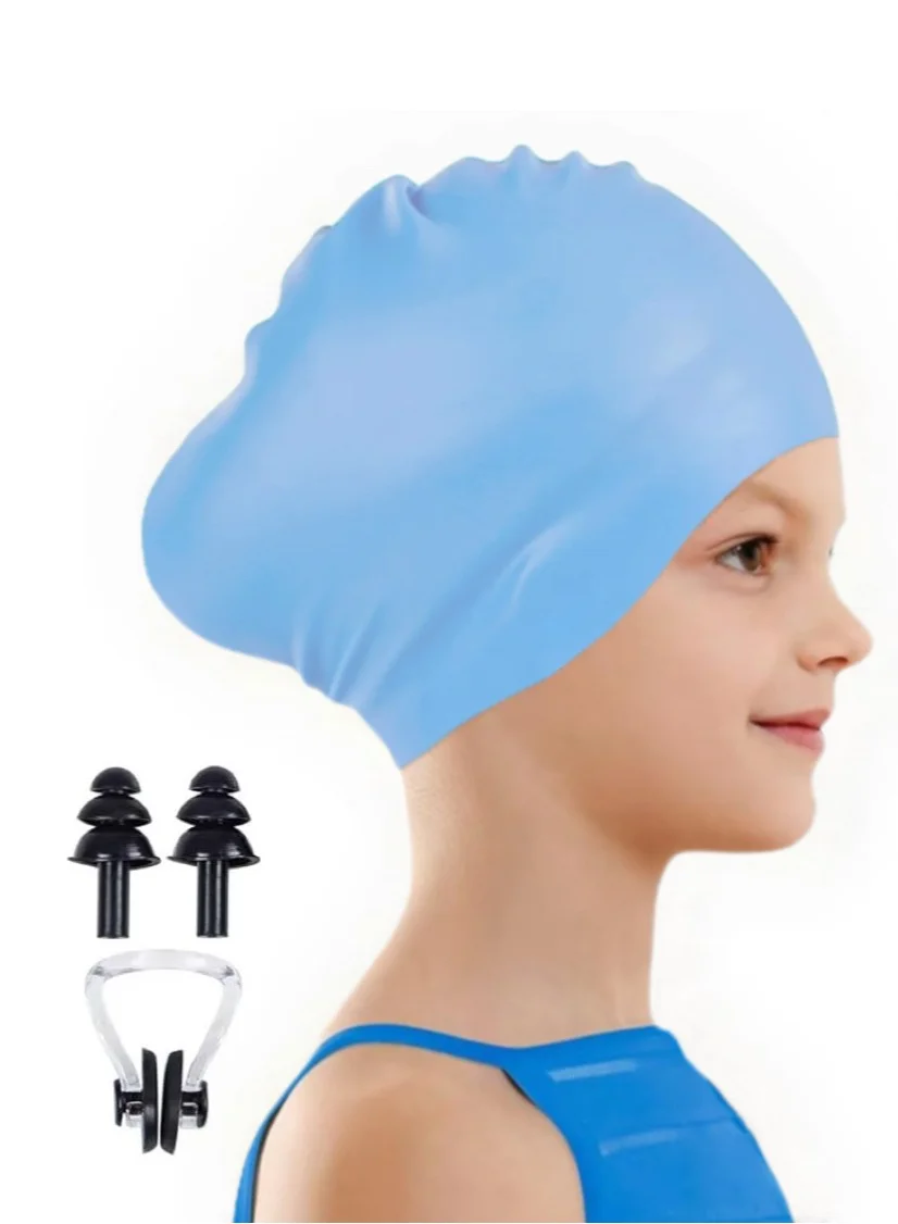Premium Silicone Swim Cap for Kids with Long Thick Hair (Sky Blue, One Size) vc9k1