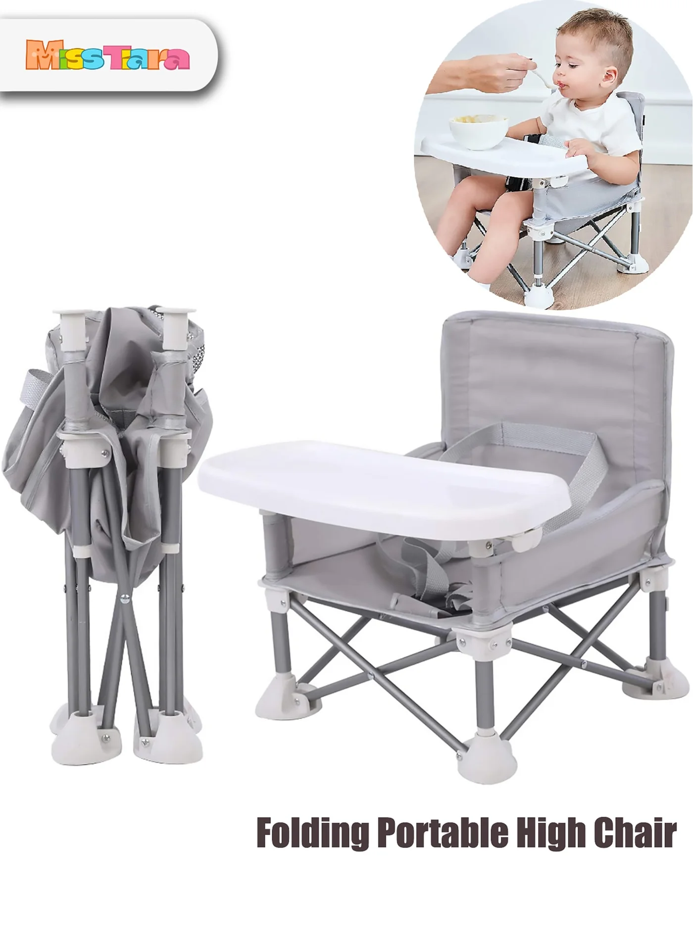 MissTiara Portable Baby Booster High Chair Folding Feeding Seat with Travel Bag (Grey, 1 Pack) ayu99