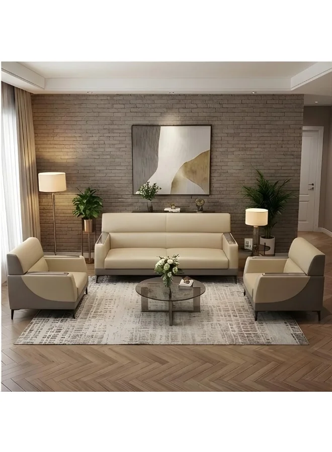 ABX HOME 5-Seater Faux Leather Sofa Set Modern Living Room Furniture (Beige-Grey, 3+1+1 Configuration) qdqmq