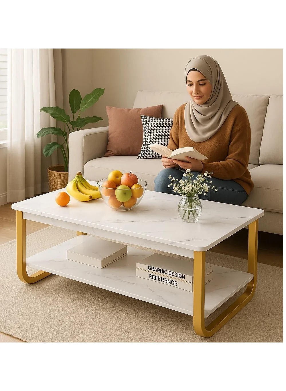 Modern Square Coffee Table Premium Marble Finish Living Room Furniture (White, 80cm x 45cm x 41cm) e49do