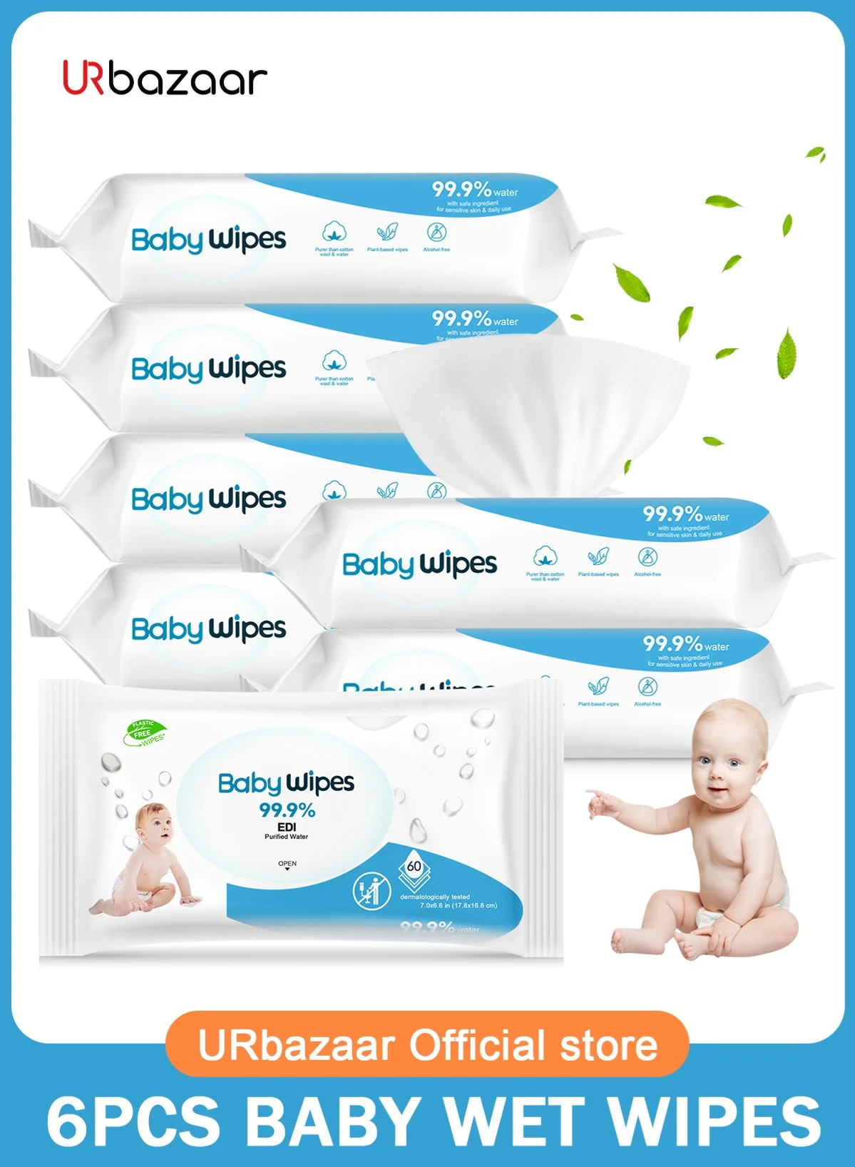 URbazaar Premium Baby Wipes Water-Based Hypoallergenic Unscented Gentle Cleansing Wipes (360 Count, 6 Packs) cftee