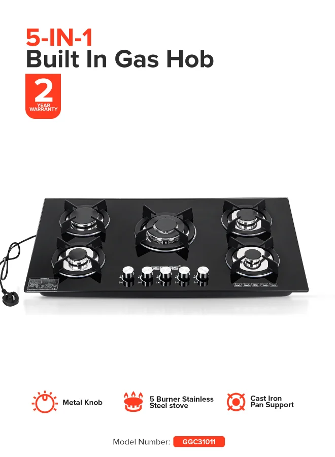 Geepas 5-Burner Gas Hob with 8mm Tempered Glass Worktop and Automatic Ignition (Black, 5 Heating Zones) 6bn1e