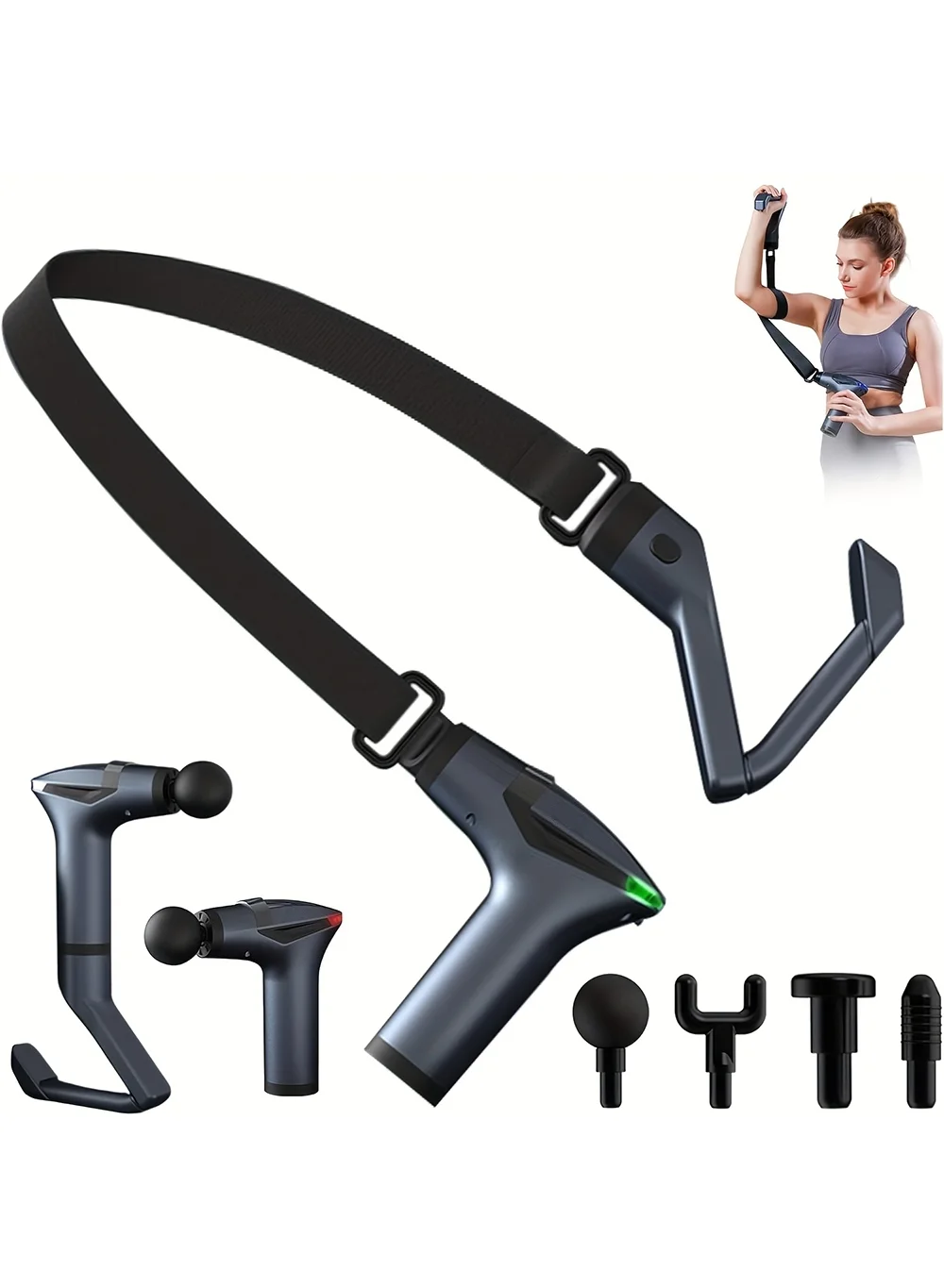 EzzySo Mini Massage Gun with Muscle Belt & Extended Handle 12-Speed Deep Tissue Percussion Massager with 4 Heads for Full Body Relaxation ssl10