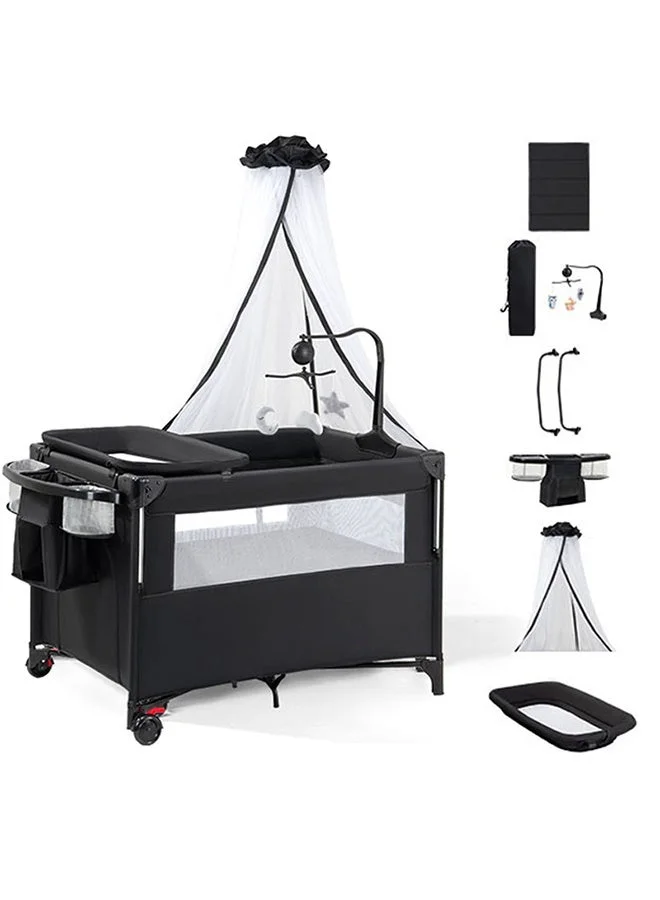 WALALLA 5-in-1 Portable Baby Playard and Bedside Sleeper with Changing Table and Mosquito Net (Black) zip3m
