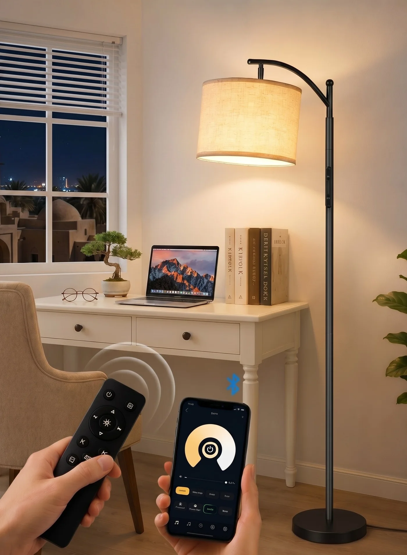 OUTON Floor Lamp with Remote Control Adjustable Linen Shade Premium Metal Standing Lamp for Living Room Bedroom (Black, 159 cm) e06f6